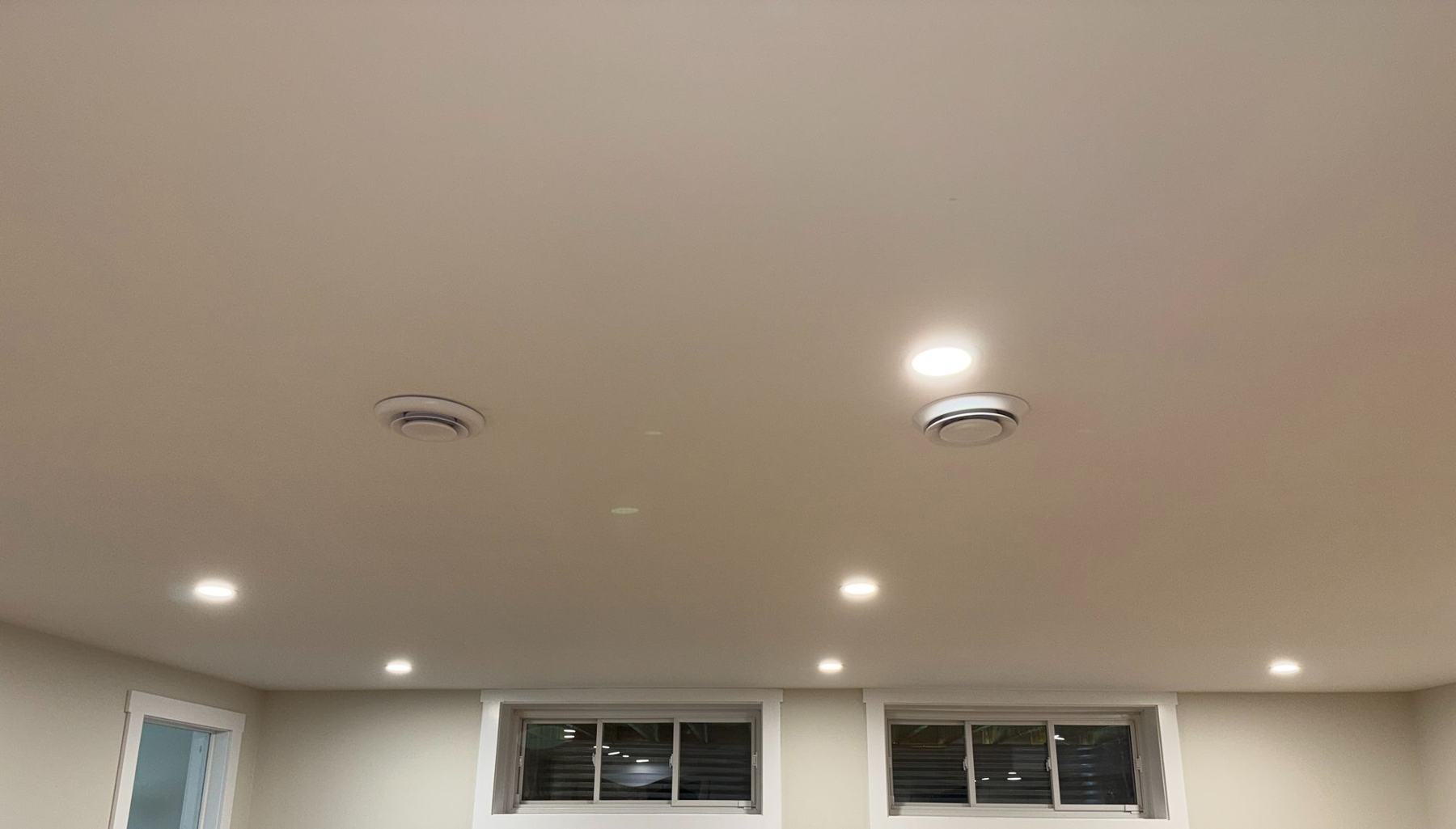 Finished basement rec room with pot lights